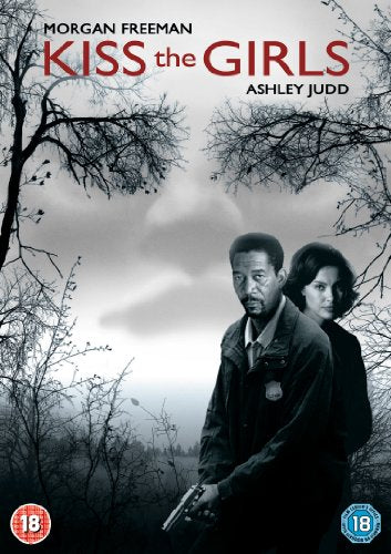 "Kiss the Girls" DVD cover featuring Morgan Freeman and Ashley Judd in a dark forest.