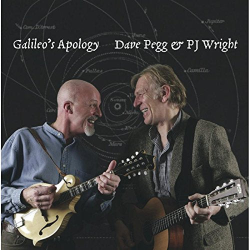 Album cover with two men holding mandolins, smiling, against a dark astronomical background.
