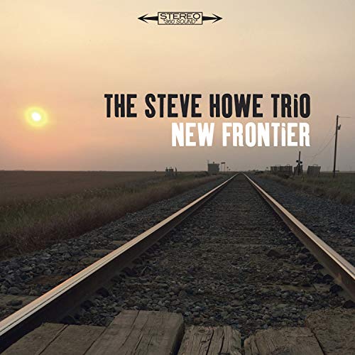 "Album cover with train tracks at sunset, 'The Steve Howe Trio New Frontier' text."