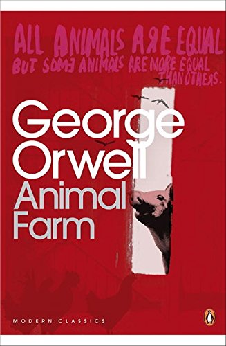 "Book cover of 'Animal Farm' by George Orwell, featuring a bloodstained table against an orange wall."