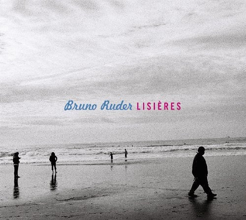 "Album cover with black-and-white beach scene, people walking, and artist's name in blue and pink."