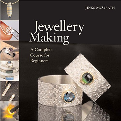 "Book cover with 'Jewellery Making' title, featuring silver bracelets with gemstones on a black background."