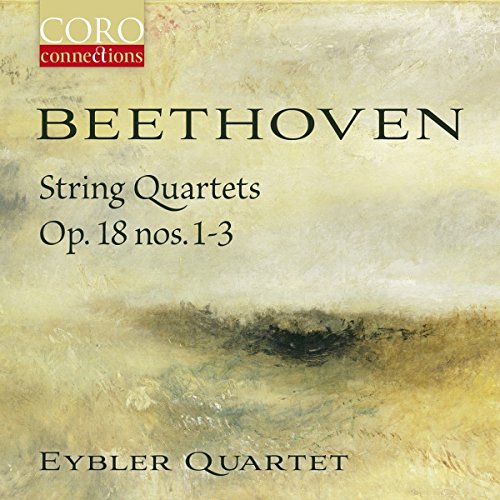 The image is a CD cover featuring a yellow-toned painting. #### Alt Text: "CD cover with Beethoven's String Quartets Op. 18, Eybler Quartet, abstract yellow background."