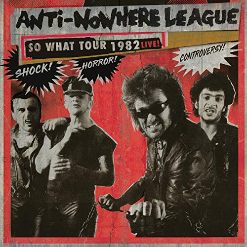 "Red vinyl album cover with black-and-white band image and bold text."