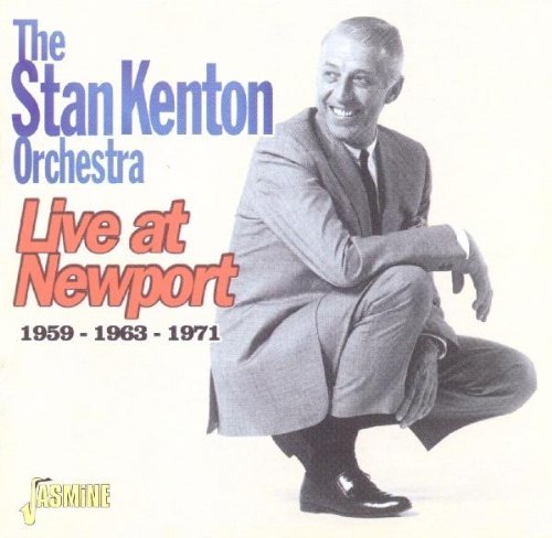 Stan Kenton crouches, smiling, on a CD cover with text and logos.