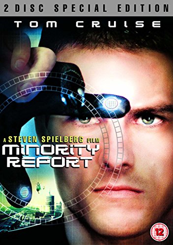 "Tom Cruise's face with futuristic eyeglasses on a Minority Report DVD cover."