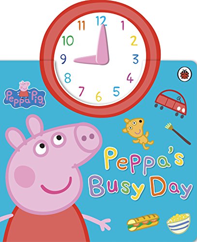 The image depicts a children's book cover featuring Peppa Pig and a clock.
