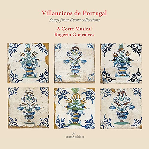 "Album cover with six tiles featuring blue floral designs on a beige background."