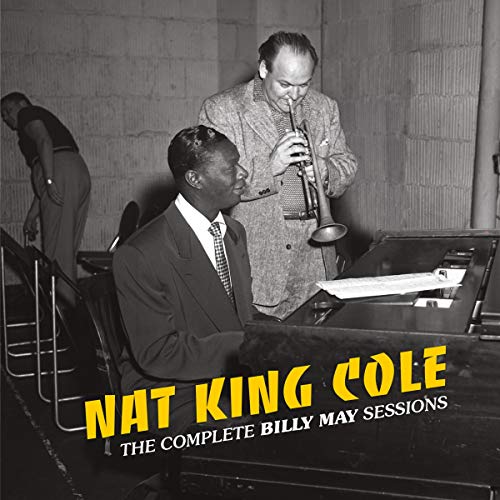 Black and white image of Nat King Cole at piano with trumpeter, album title text overlay.