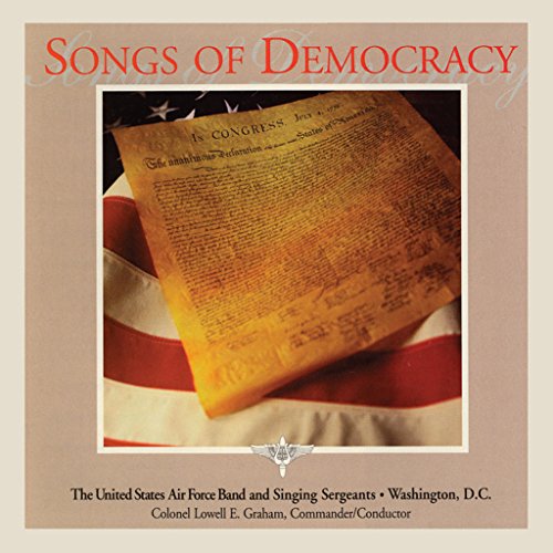 The image is a CD cover. Alt text: "CD cover with US flag and Constitution, titled 'Songs of Democracy'."