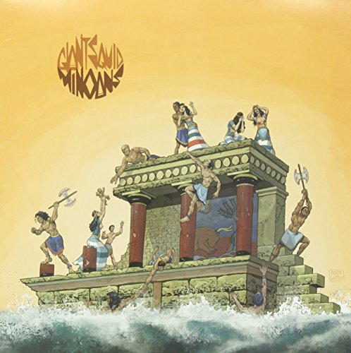 "Vinyl album cover featuring men fighting a giant squid at an ancient stone temple."