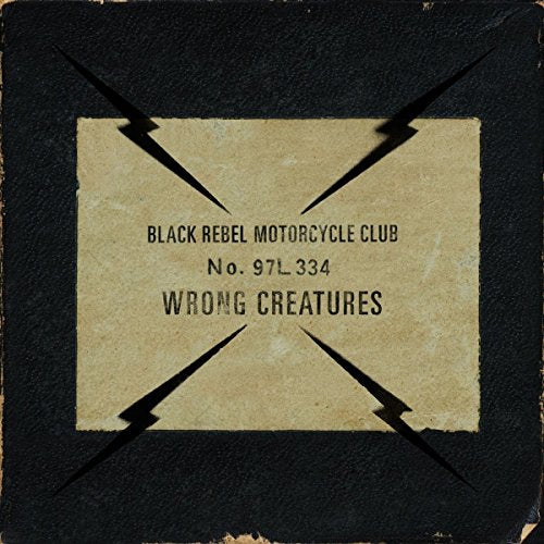 A vinyl record cover with a black background, tan rectangle, and "Black Rebel Motorcycle Club" text.