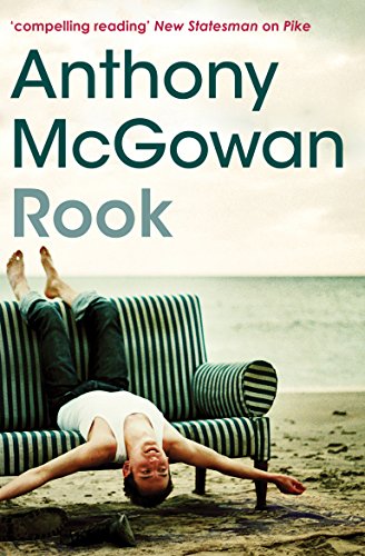 Book cover with a man lying on a striped sofa on the beach.