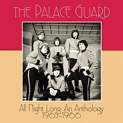 "Album cover with red and beige background, featuring a black and white band photo."