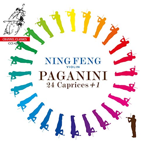 "CD cover featuring silhouettes of violinists in rainbow colors, with text 'Ning Feng Paganini'."