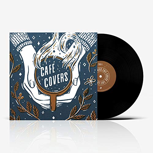 "Vinyl record sleeve with 'Cafe Covers' artwork, partially covering a black vinyl record."
