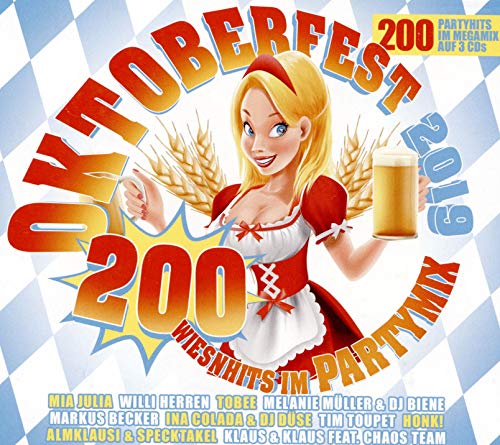"Oktoberfest 2019 CD cover featuring a cartoon woman holding beer and wheat."