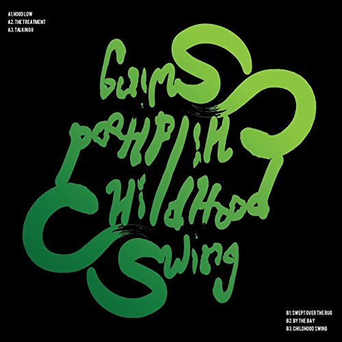 "Black vinyl record cover with green gradient text reading 'Grim Poppin Childhood Swing'."