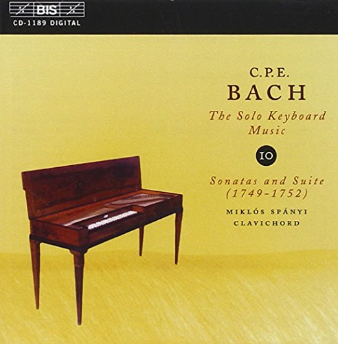 CD cover with dark wooden clavichord on yellow background, featuring C.P.E. Bach's music.