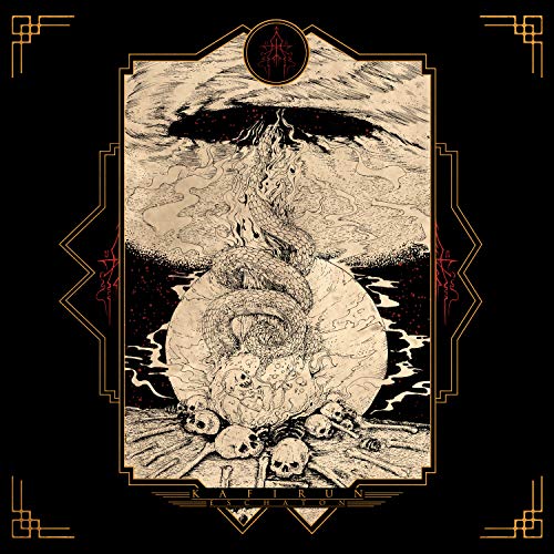 The image shows a vinyl record cover with a black background and gold accents. For accessibility purposes, a suitable alt text could be: "Black vinyl record cover with gold border and skull illustration."
