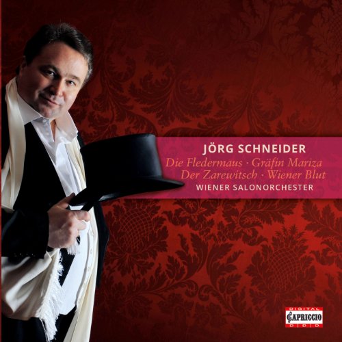 CD cover featuring a man in a black suit holding a top hat, red floral background.