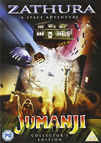 "Zathura and Jumanji DVD boxset cover featuring a house in space and jungle animals."