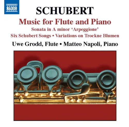"CD cover with flute image and text: 'Schubert, Music for Flute and Piano'."