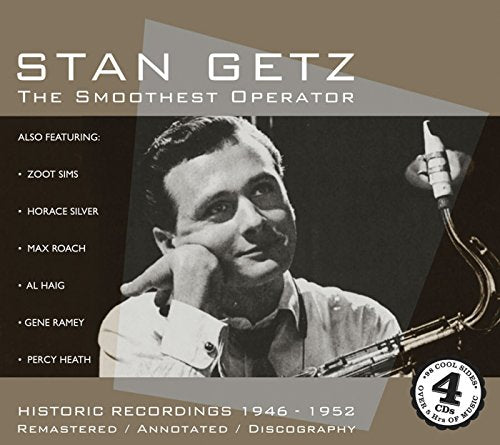 "CD cover featuring a black-and-white photo of Stan Getz holding a saxophone."