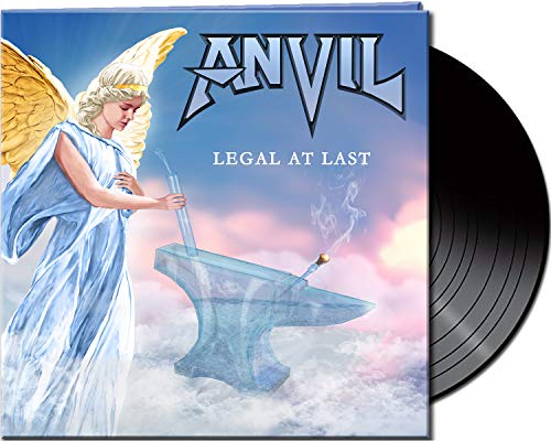 Vinyl record sleeve with an angel and anvil artwork, partially covering a black vinyl.