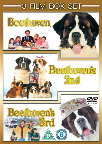 "Brown-framed DVD cover featuring a 3-film Beethoven box set with St. Bernard dog images."