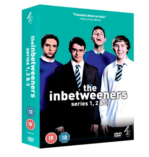 "The Inbetweeners Series 1-3 DVD box set with four male teenagers on the cover."