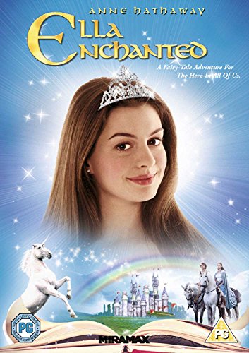 "Ella Enchanted DVD cover featuring a young woman with a tiara and fairy tale scenes."