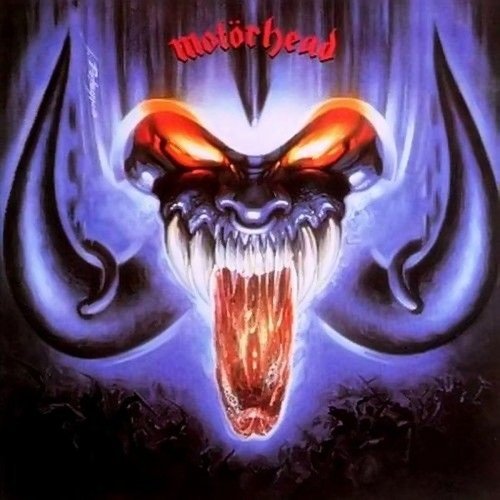 "Motörhead album cover featuring a blue, horned creature with open mouth and glowing eyes."