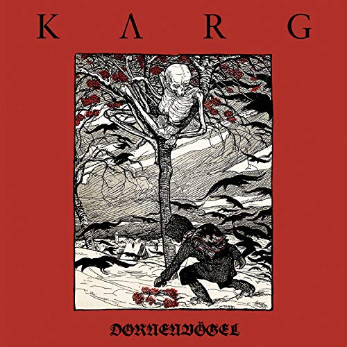 Red album cover with black and white illustration of skeleton and creature.