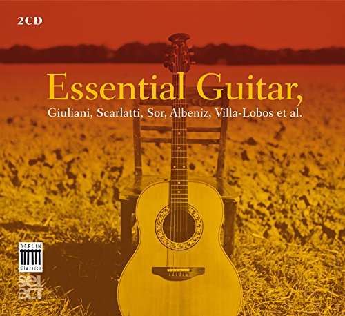 A guitar on a chair in a field, with red sky, on a CD cover.
