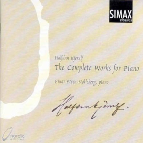 CD cover for Halfdan Kjerulf's piano works, beige background, white abstract shape, black logo.
