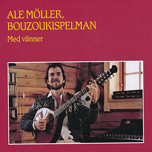 "Red album cover with a man holding a bouzouki in a wooden room."