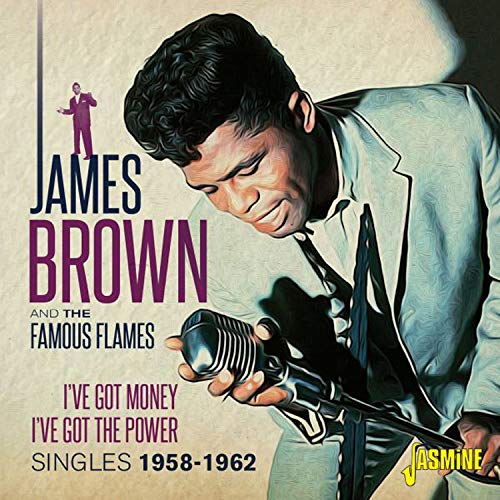 "CD cover featuring James Brown holding a microphone, with text describing the album."