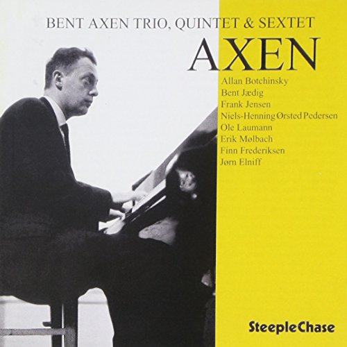 "Album cover featuring a black-and-white photo of a man playing piano, with yellow text overlay."