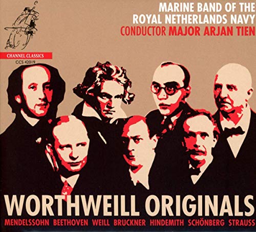 "CD cover featuring stylized portraits of seven men in formal attire, beige and red tones."