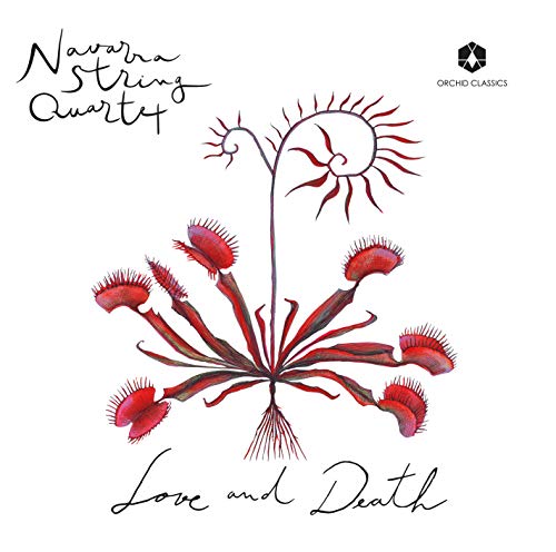 "CD cover featuring a red Venus flytrap plant with 'Navarra String Quartet' and 'Love and Death'."