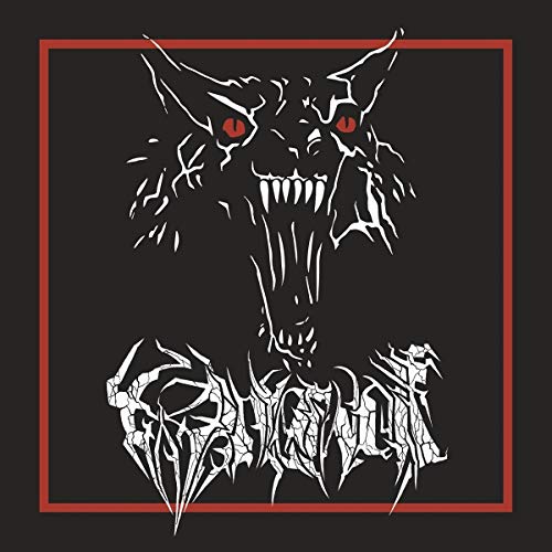 Black album cover with white wolf illustration, red eyes, and red border.