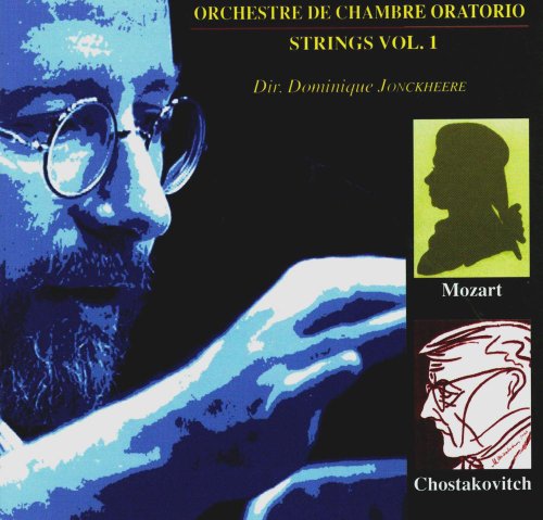 "CD cover with a blue-toned man and silhouettes of Mozart and Chostakovitch on a black background."