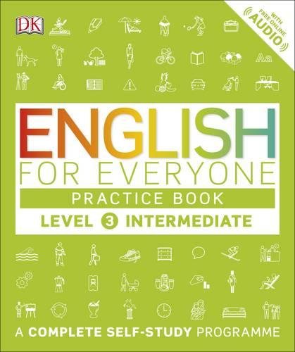 "Green book cover with 'English for Everyone Practice Book Level 3 Intermediate' text and icons."