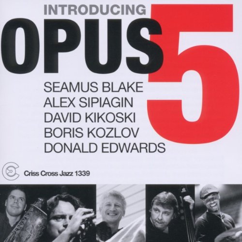 "Album cover with 'Opus 5' title, five musician names, and black-and-white photos of musicians."