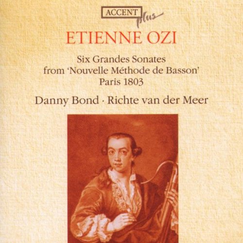 "CD cover with a portrait of a man holding a bassoon, beige background."