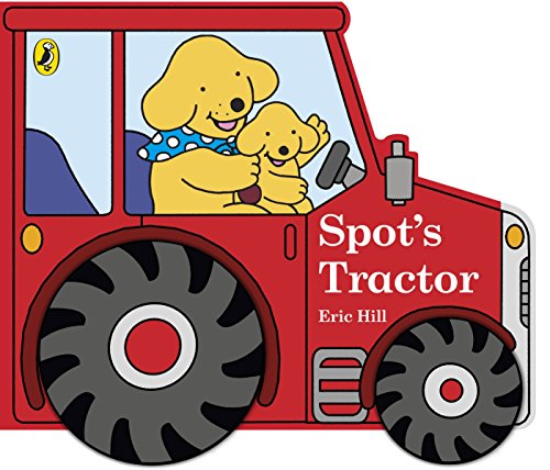 "Children's book cover featuring a dog driving a red tractor with a puppy."