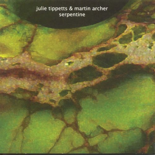 "Music album cover with abstract green and brown textured background and white artist names."