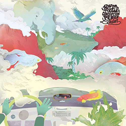 "Surreal album cover with elephant, fish, and birds in a fantastical landscape."
