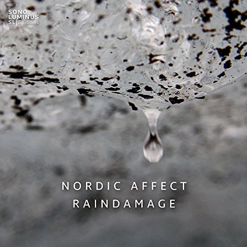 A close-up of a single raindrop falling from a wet surface, with text overlay.